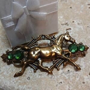 Antique Brass Deco Frame Equestrian Racing Horse Pin W Green Swarovski Crystals